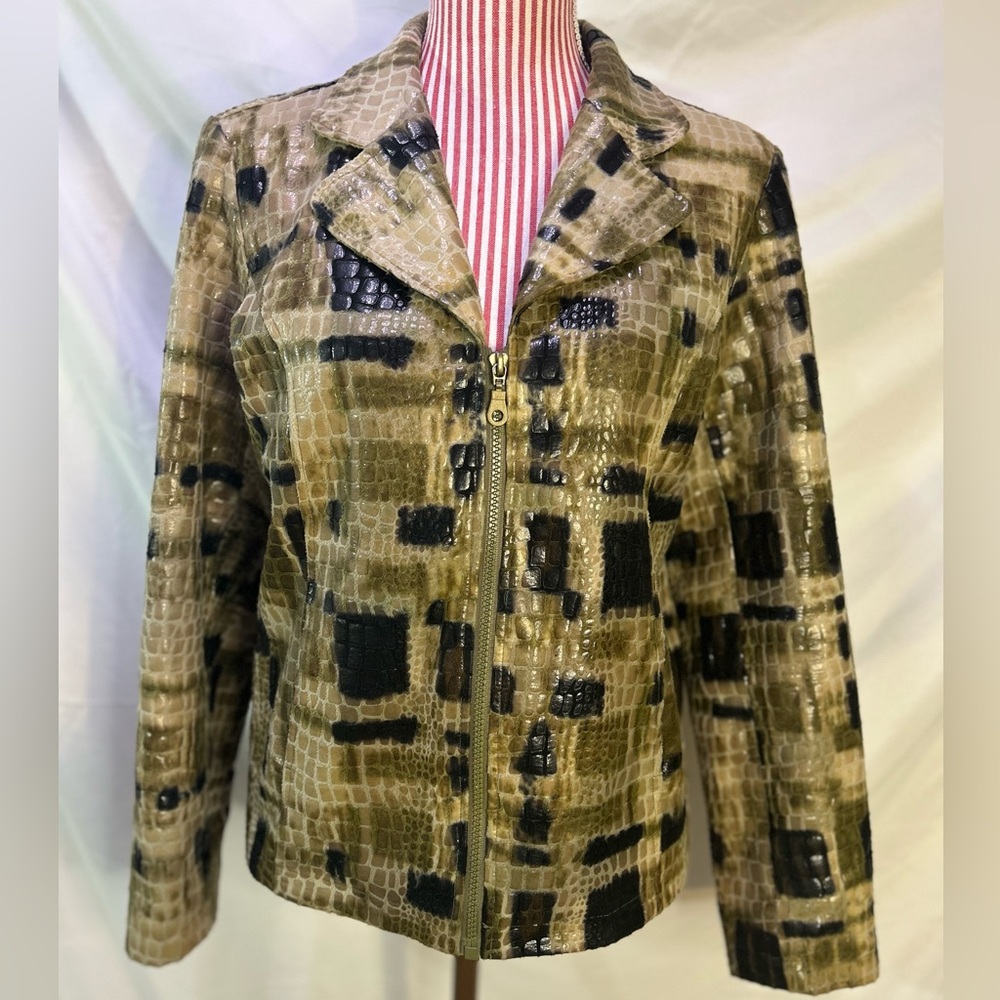 Vintage Selene Sport Faux Crocodile Leather Green Black Zip Up Jacket Size 8